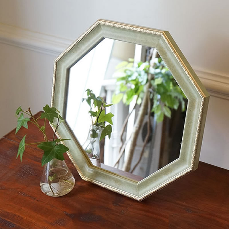 スペイン製 アンティーク 八角形 鏡 ミラー 金属枠 壁掛け