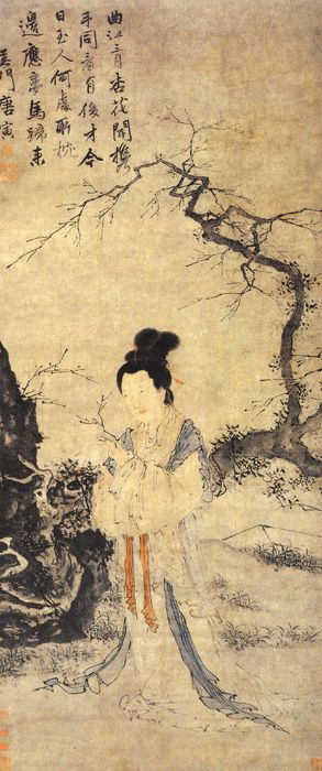 中国古美術・純手描き仕女図三尺画芯・水墨・彩色画・張大千印款・書道