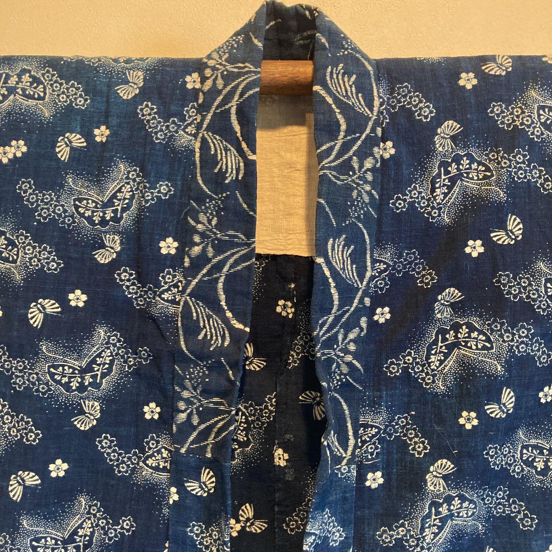 古布 半襦袢 両面染め 型染 藍染 蝶々 桜